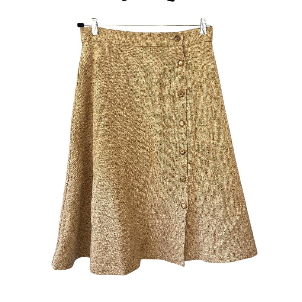 Vintage Orvis Brown Tweed Wool Blend‎ Flare Midi Skirt Made in USA Academia